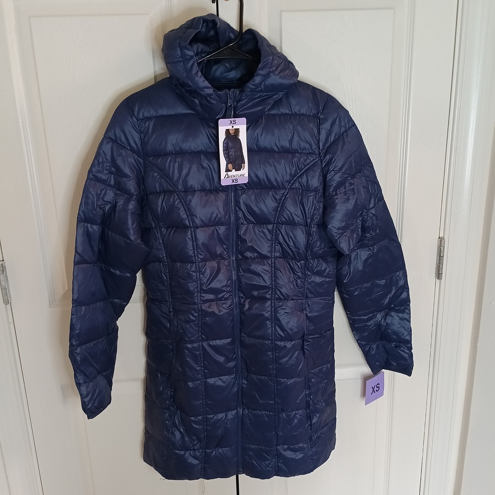 Aventure Puffer Jacket Womens XS Navy Blue New Hooded Quilted Longline Zip Up